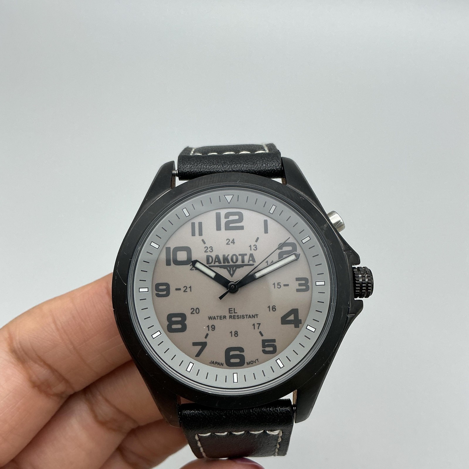 Dakota Mens Watch 42mm Gray Dial Black Case Leather Band Backlight New Battery