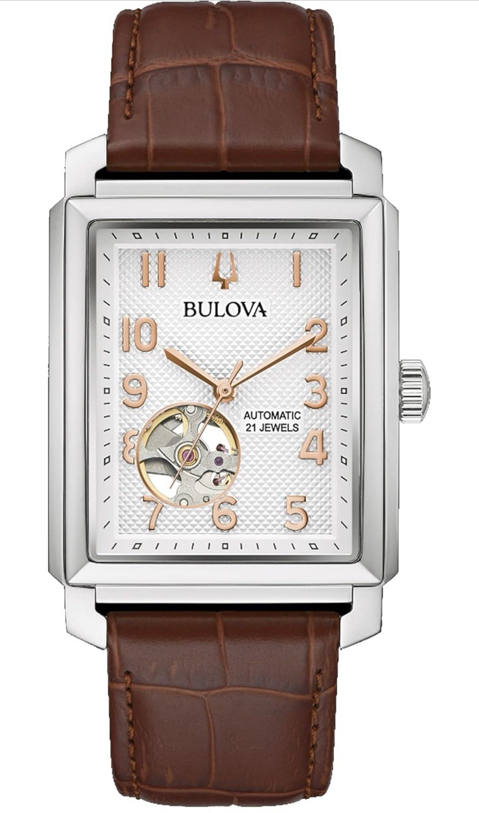 Bulova Sutton White Dial Leather Strap Automatic 21 Jewels 96A268 Mens Watch