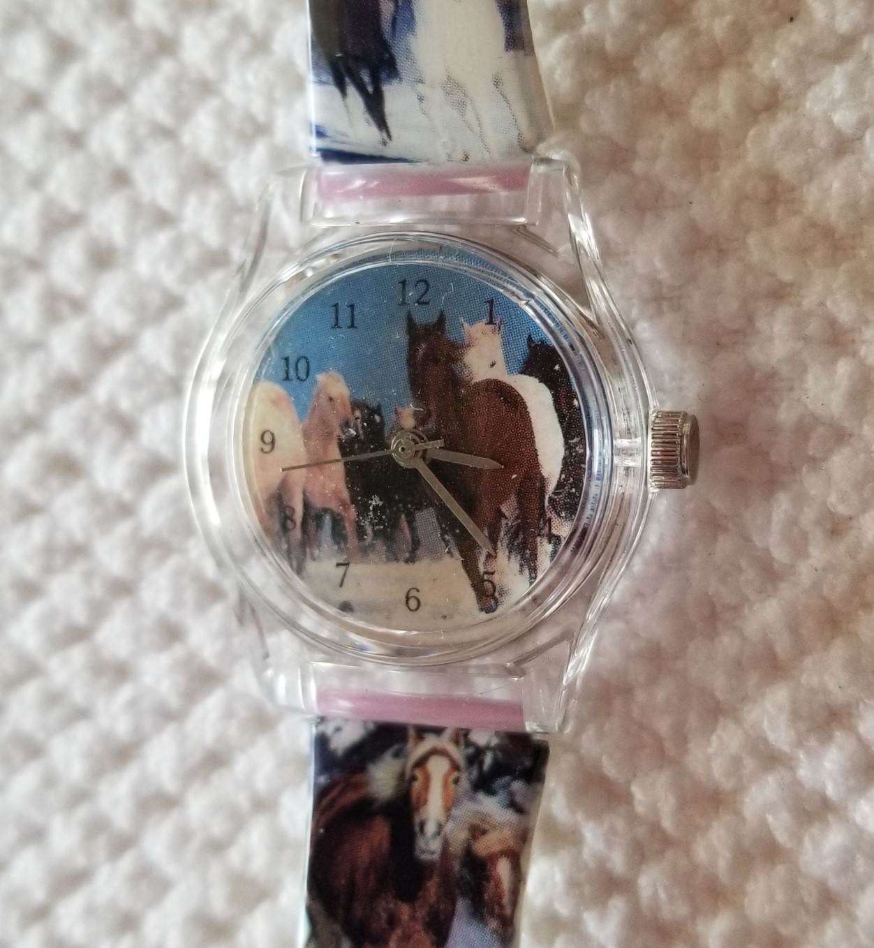 NWOT Pacific Time Analog Kid’s Watch Horses Motif Plastic Case & Buckle Band