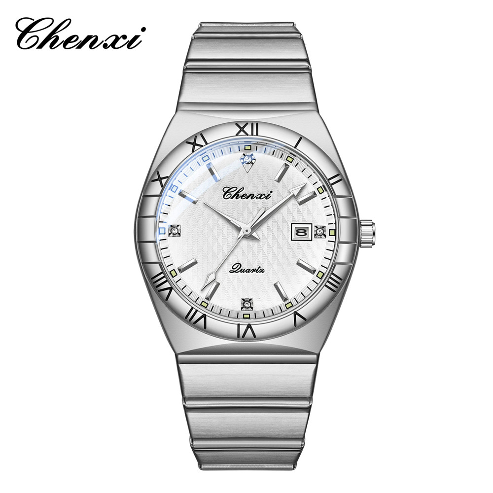 CHENXI Men Watches Silver Steel Watch Luminous Pointer Lover Quartz Wristwatch