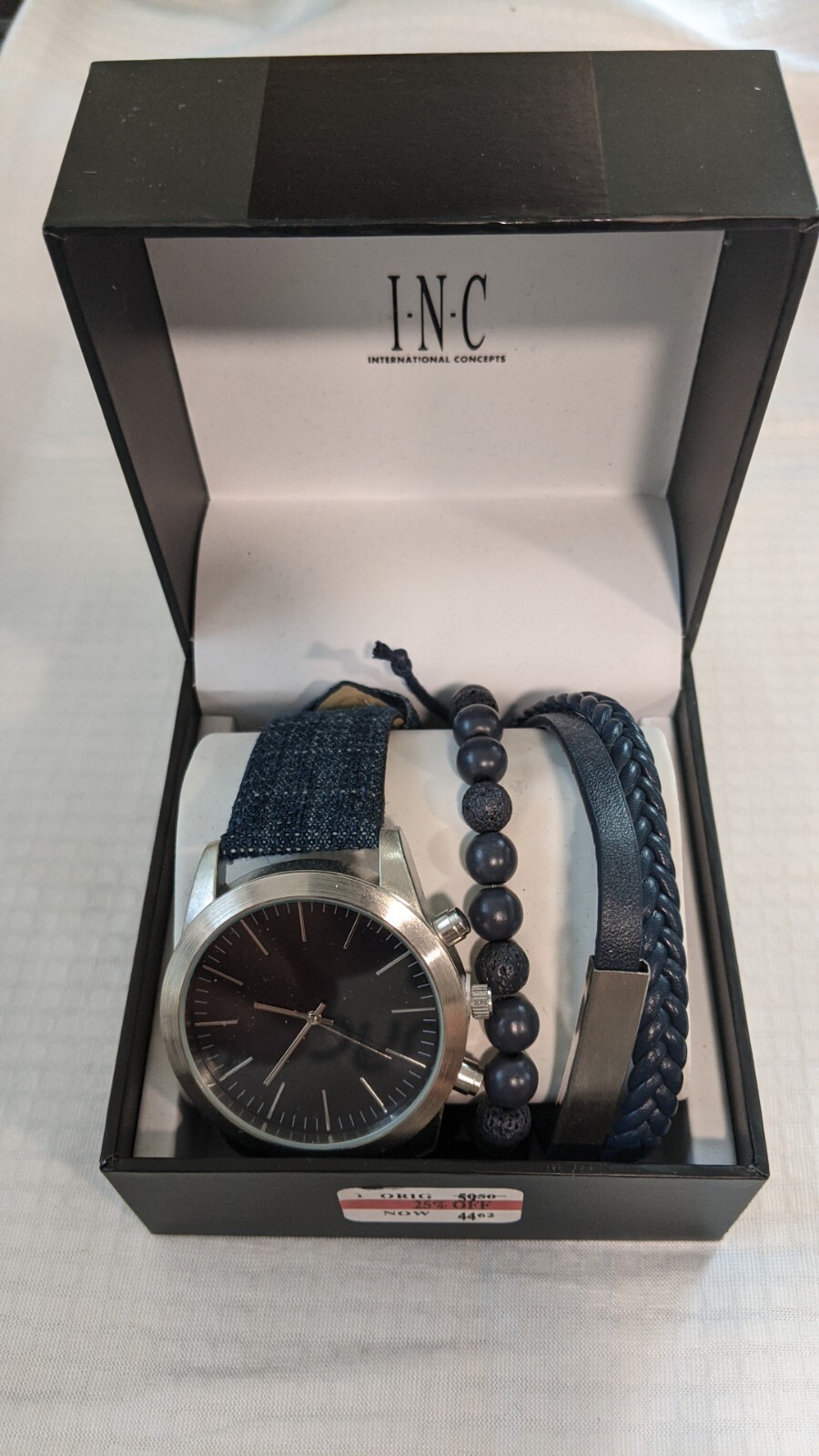 INC INTERNATIONAL CONCEPTS Men Blue Denim Strap Watch 46mm 3-Pc Set – JLY03