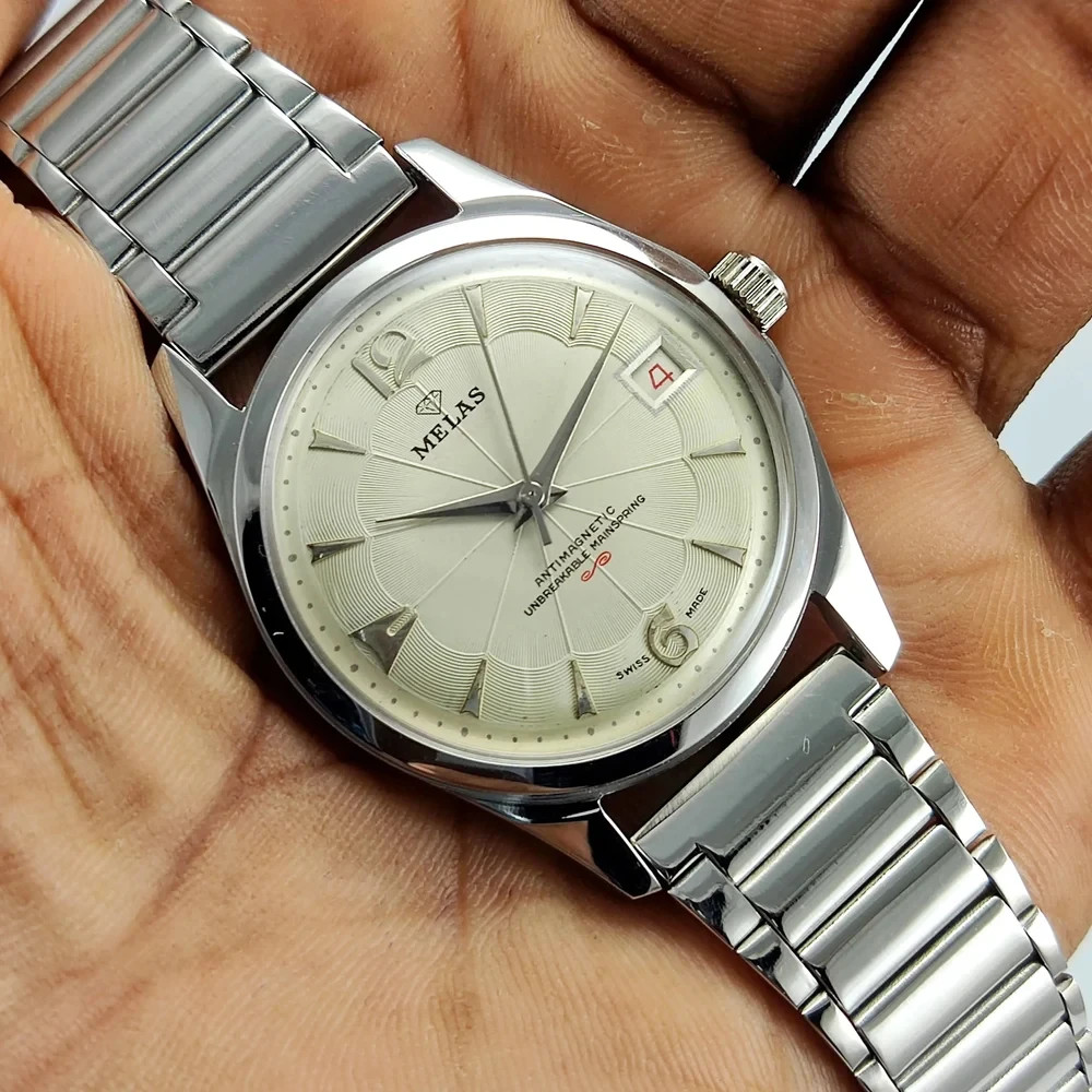 Working Melas Pearl Dial Date Function Handwinding Transparent Back Wrist Watch