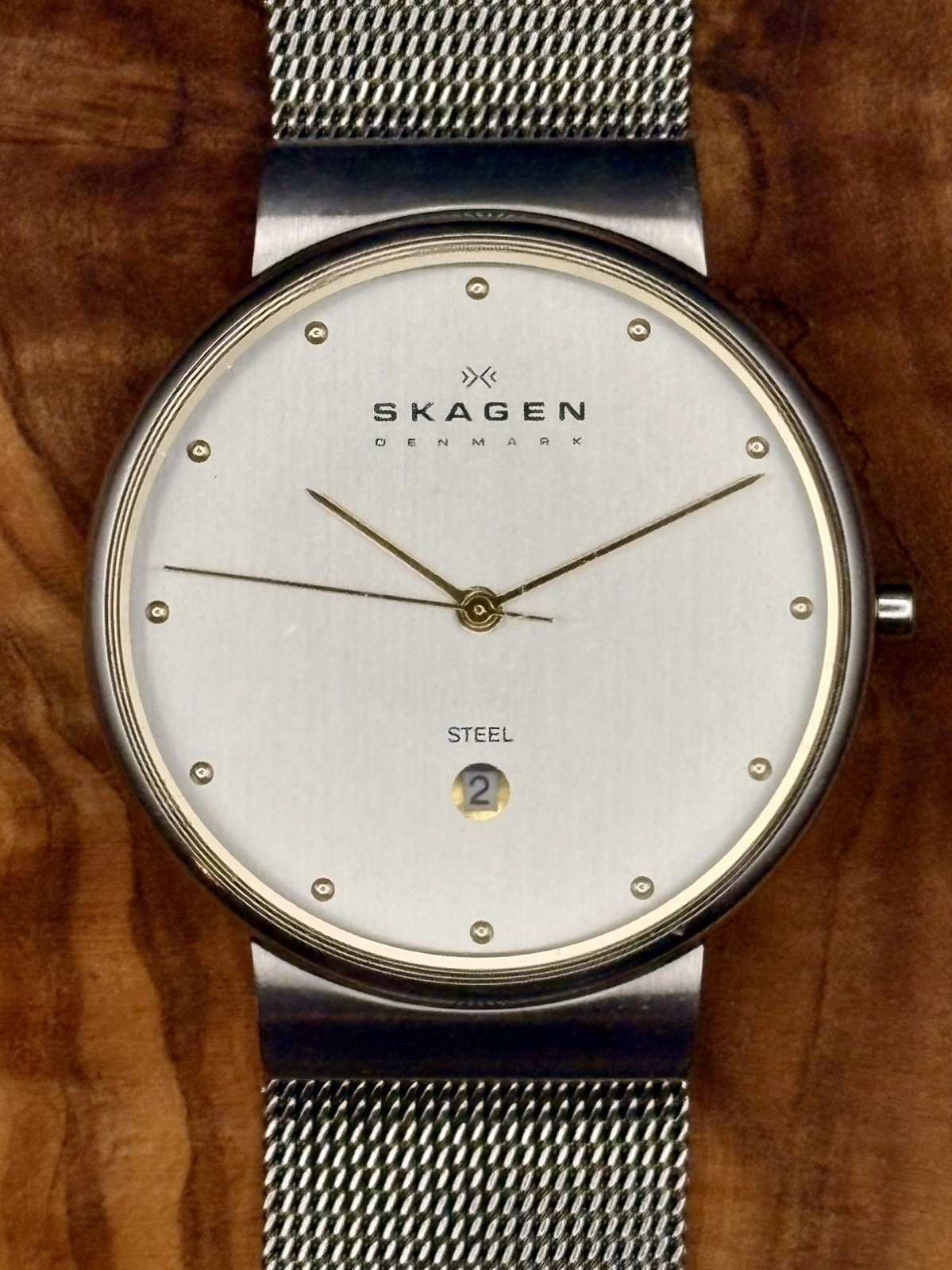 Skagen 355LGSC Men’s 33mm Quartz Watch Silver Dial Mesh Band New Battery
