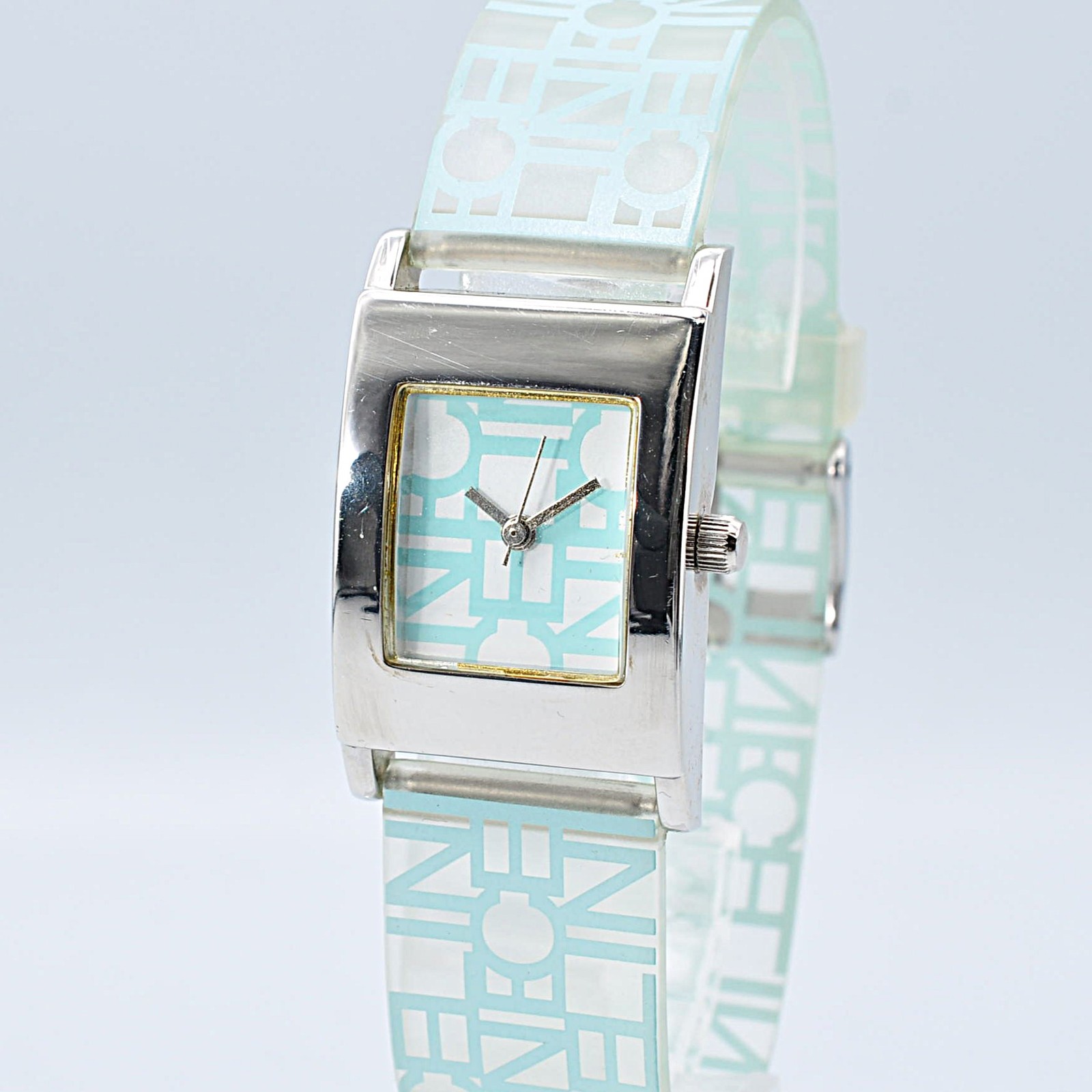CELINE PARFUMS Novelty Quartz Watch Blue Macadam Logo Clear Belt Auth w-1349