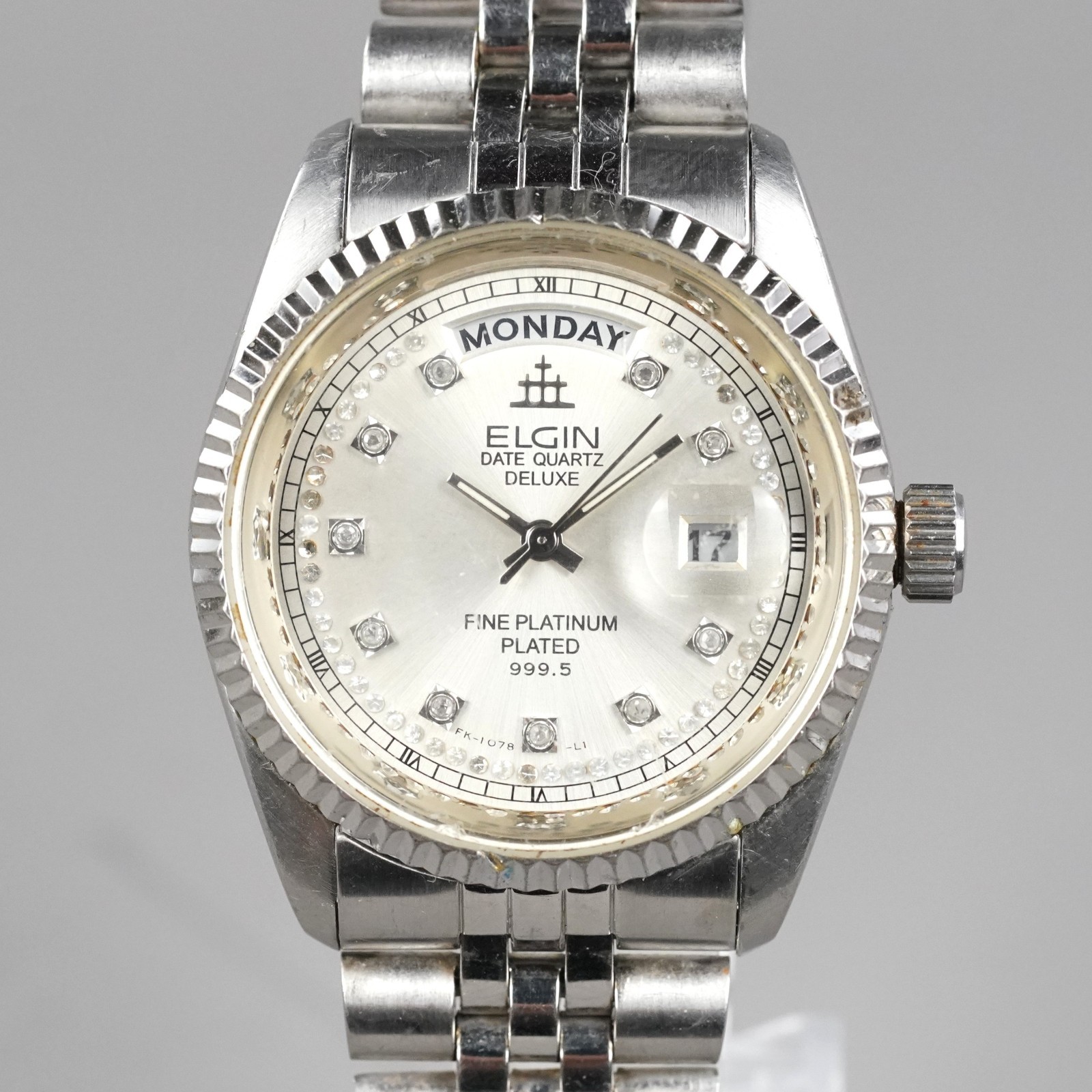 ELGIN DATE FINE PLATINUM Vintage FK-1078-LI Men’s 35mm Watch NewBattery 20081344