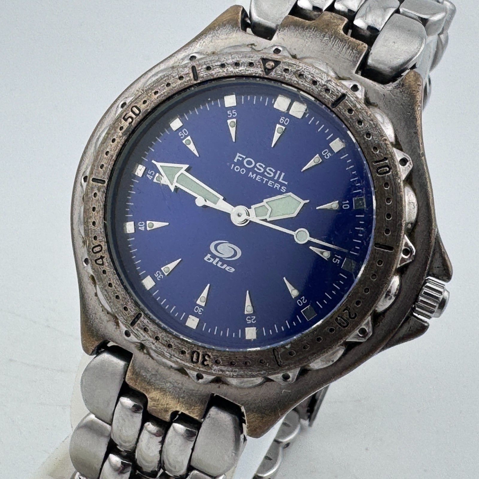Fossil Quartz Watch Men 50m Silver Blue Rotating Bezel Analog New Battery 7.75″