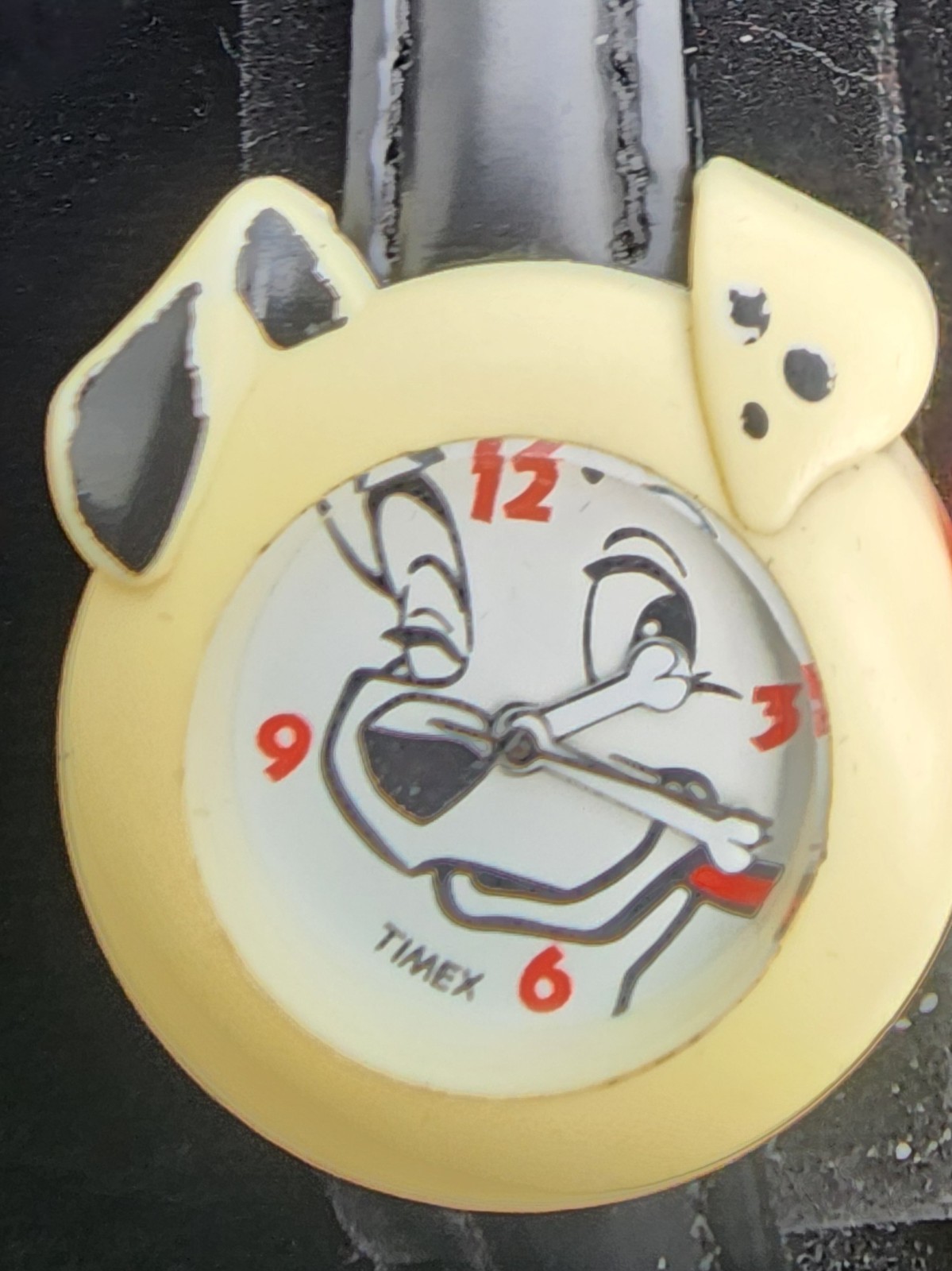 Timex Kids Cartoon Dog Face Quartz Analog Watch Black Leather Strap Yellow Case