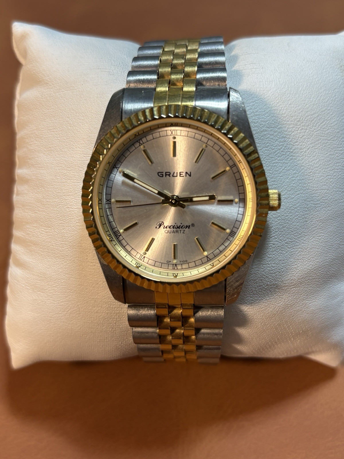 Vintage Gruen Precision Men Dress 35mm Watch Silver/Gold Tone,Fluted Bezel,Runs