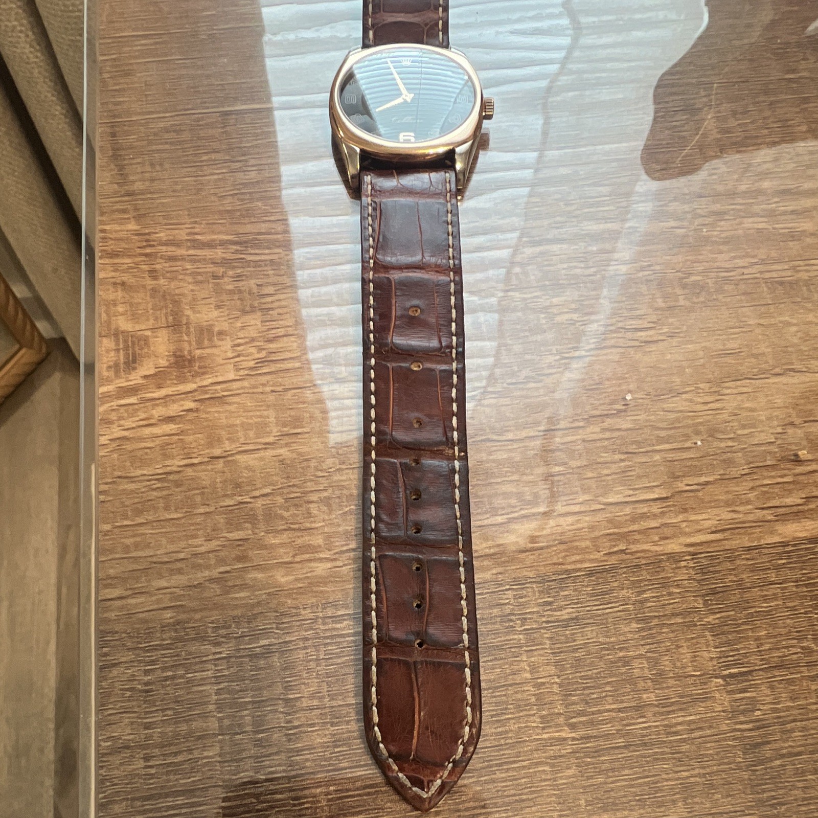 Rolex Cellini Men’s Quartz Dress Watch 33mm 18kGold Case Black Dial Brown Strap