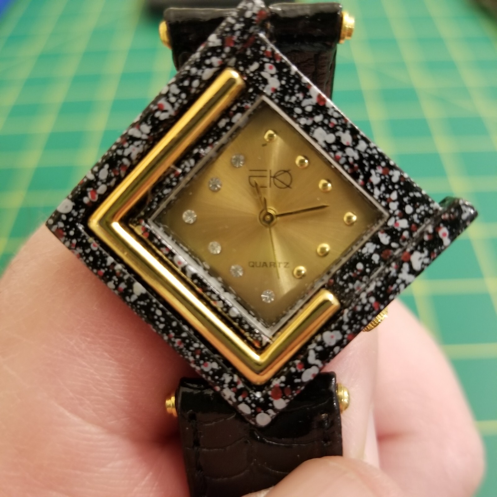 Vintage Ladies EIQ Black and White Speckled Goldtone Rhinestone Watch With…