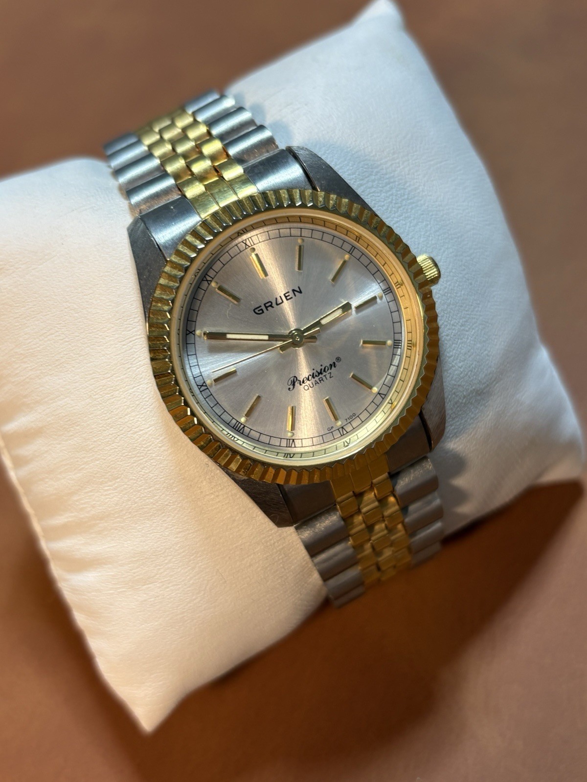 Vintage Gruen Precision Men Dress 35mm Watch Silver/Gold Tone,Fluted Bezel,Runs