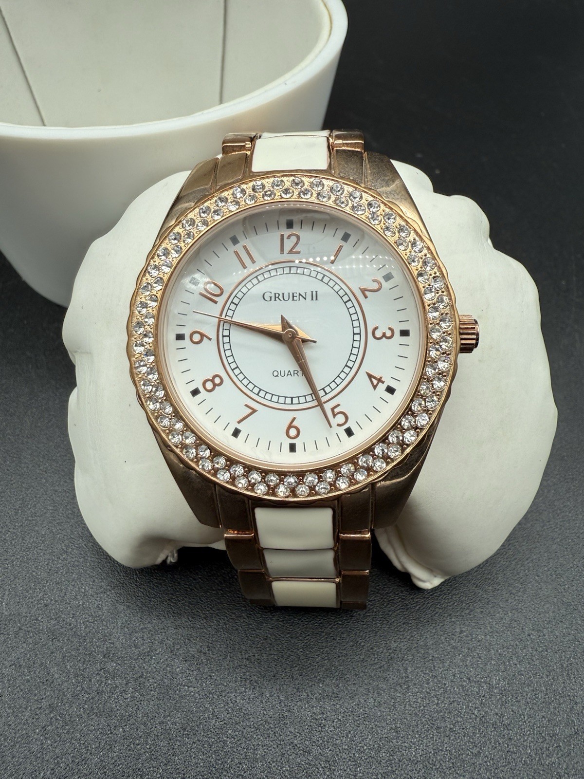Working Gruen II Watch Women RHINESTONE Bezel Rose Gold Band NEW BATTERY