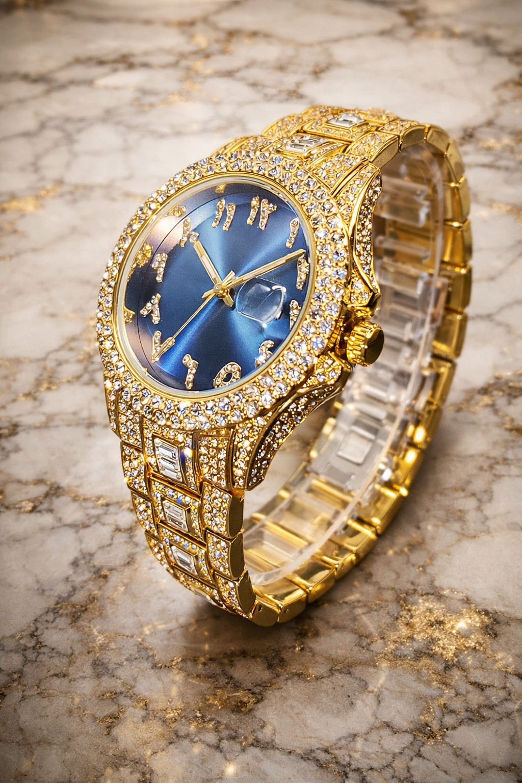 Luxury Gold Men’s Watch – Royal Blue Dial, CZ Arabic Numerals, Auto Date