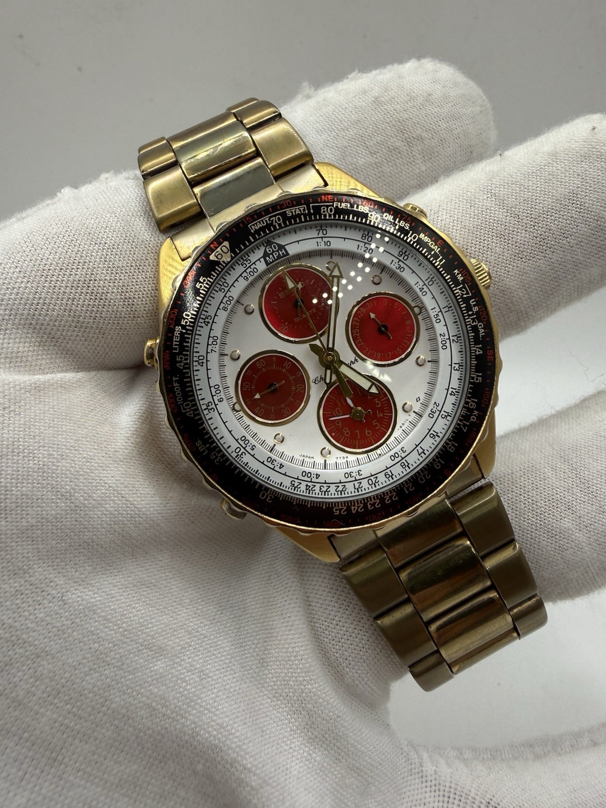 Rare Seiko Flightmaster 7T34-6A0H Pilot Chronograph White Red Dial Gold Tone