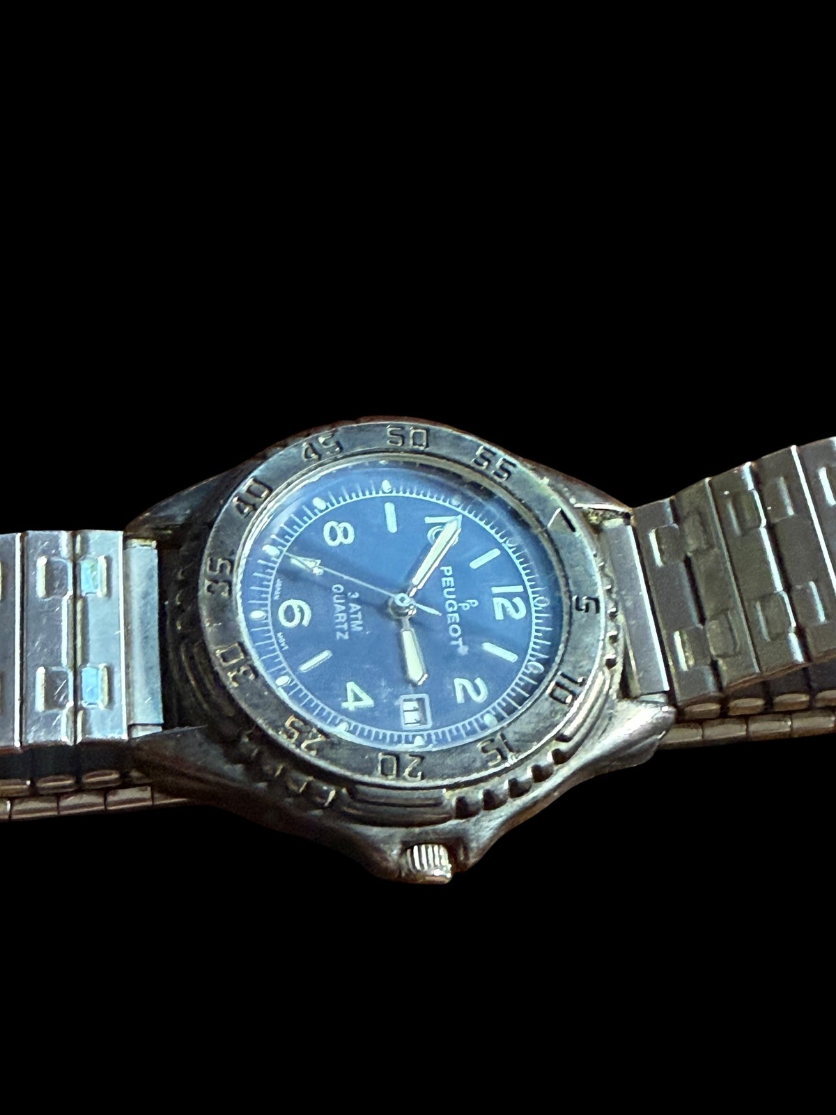 Peugeot 3 ATM Quartz Watch Men’s Blue Dial Stainless Steel Bracelet Diver Style