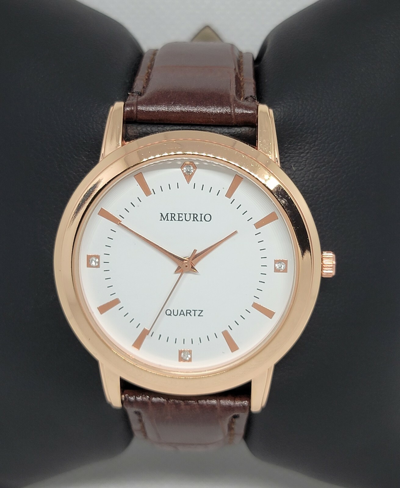 Mens Mreurio Round Rose Gold Tone Brown Leather Band Analog Watch EET8599G-RG F2