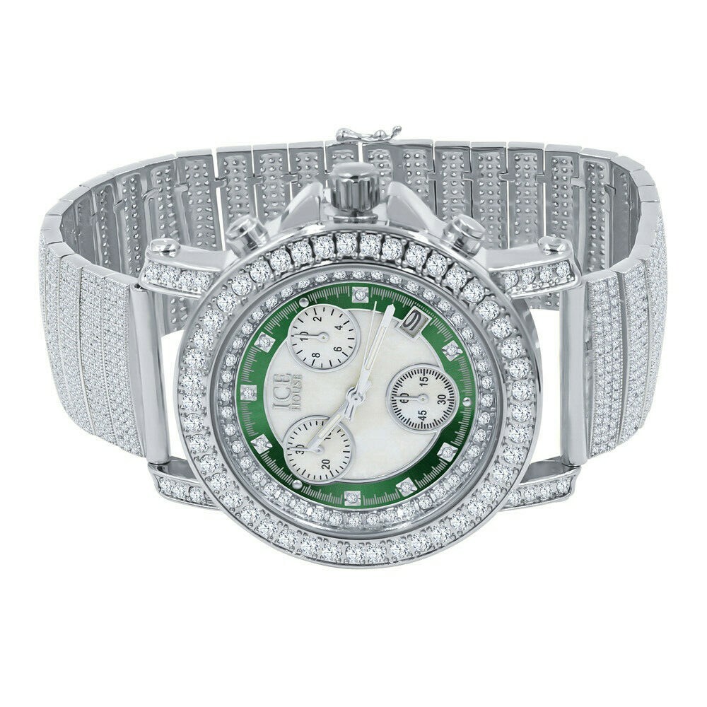 14K White Gold Tone 8 Real Diamonds Green & White Dial Luxury Band Watch W/Date