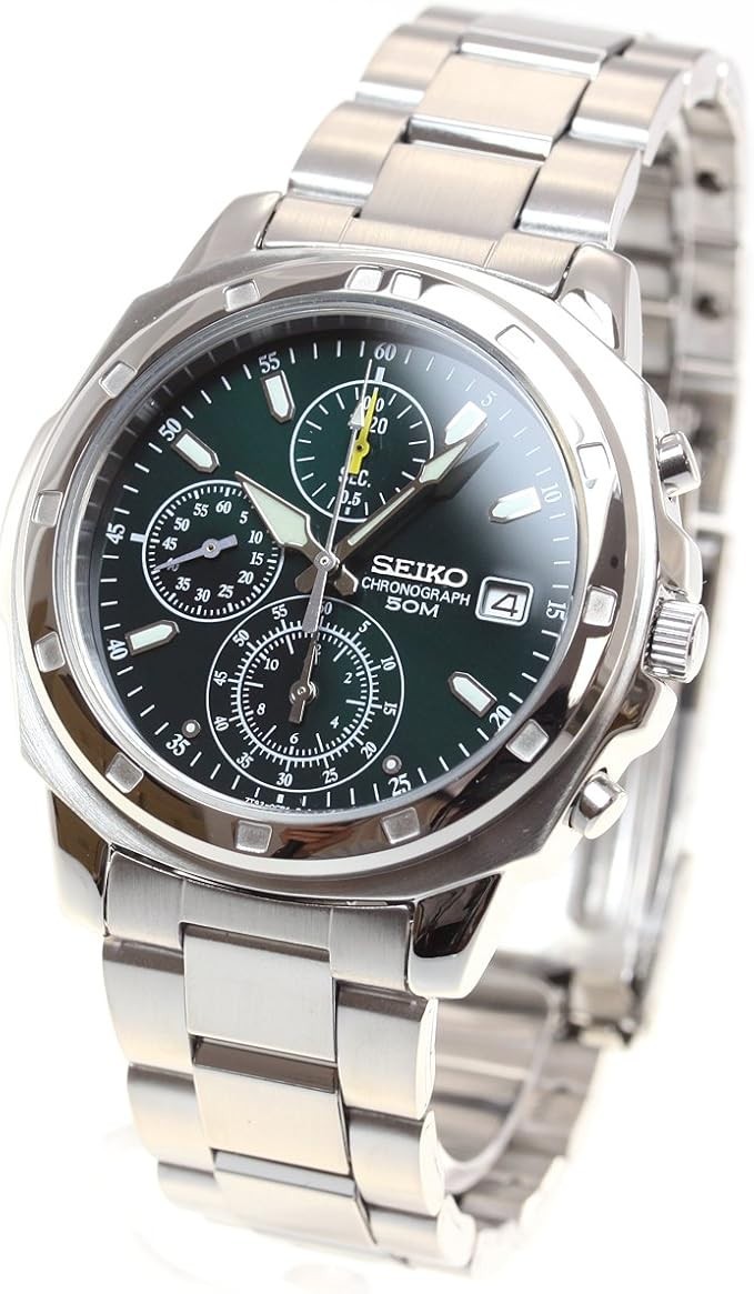 SEIKO Chronograph SND411PC Military Green Dial Stainless Watch Tested Japan New