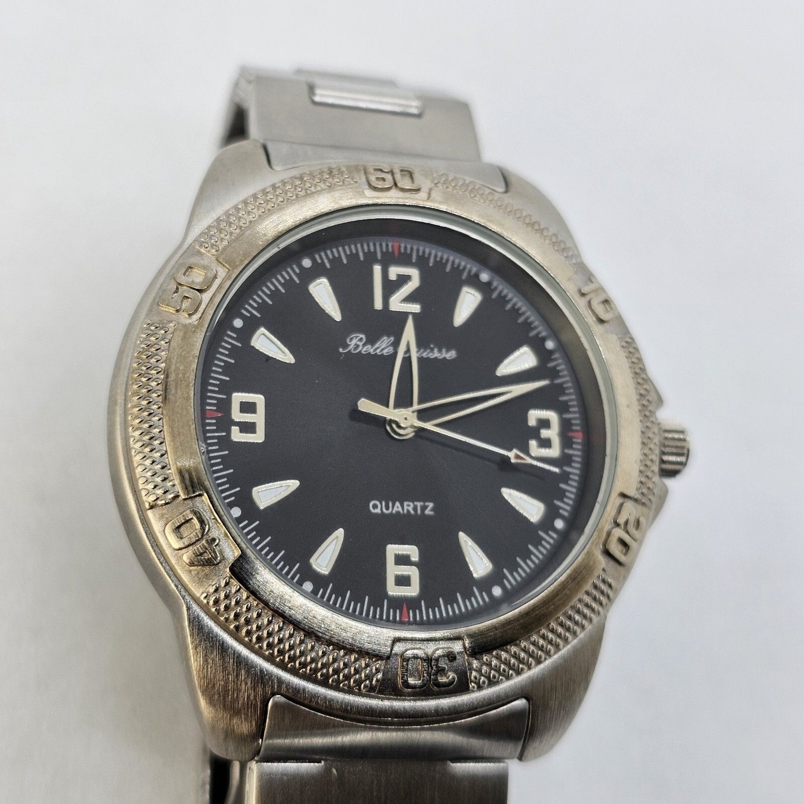 Belle Suisse 38MM Men’s Watch Black Dial Gray Band Mineral Crystal 8″ NewBattery
