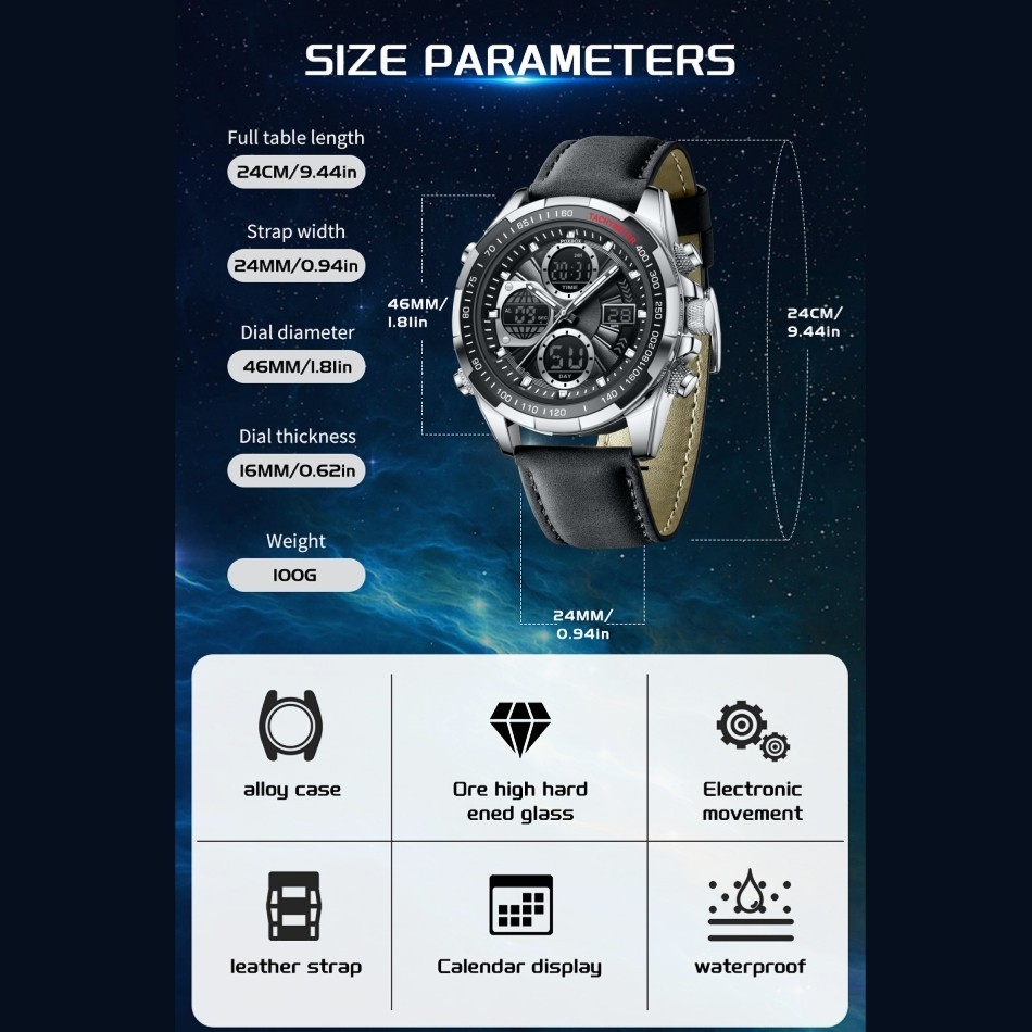 LIGE Men Watch Quartz Digital Luminous Waterproof Leather Band Man Wristwatch
