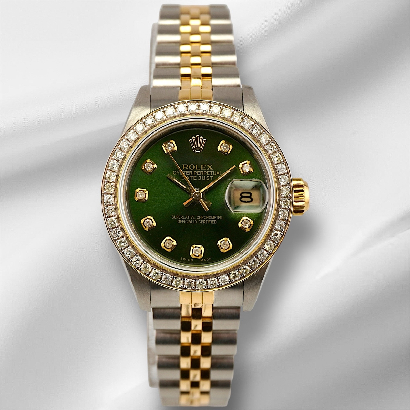 Rolex Ladies Datejust 26mm 18k Gold & Steel Watch 1.25ct Diamonds Green Dial