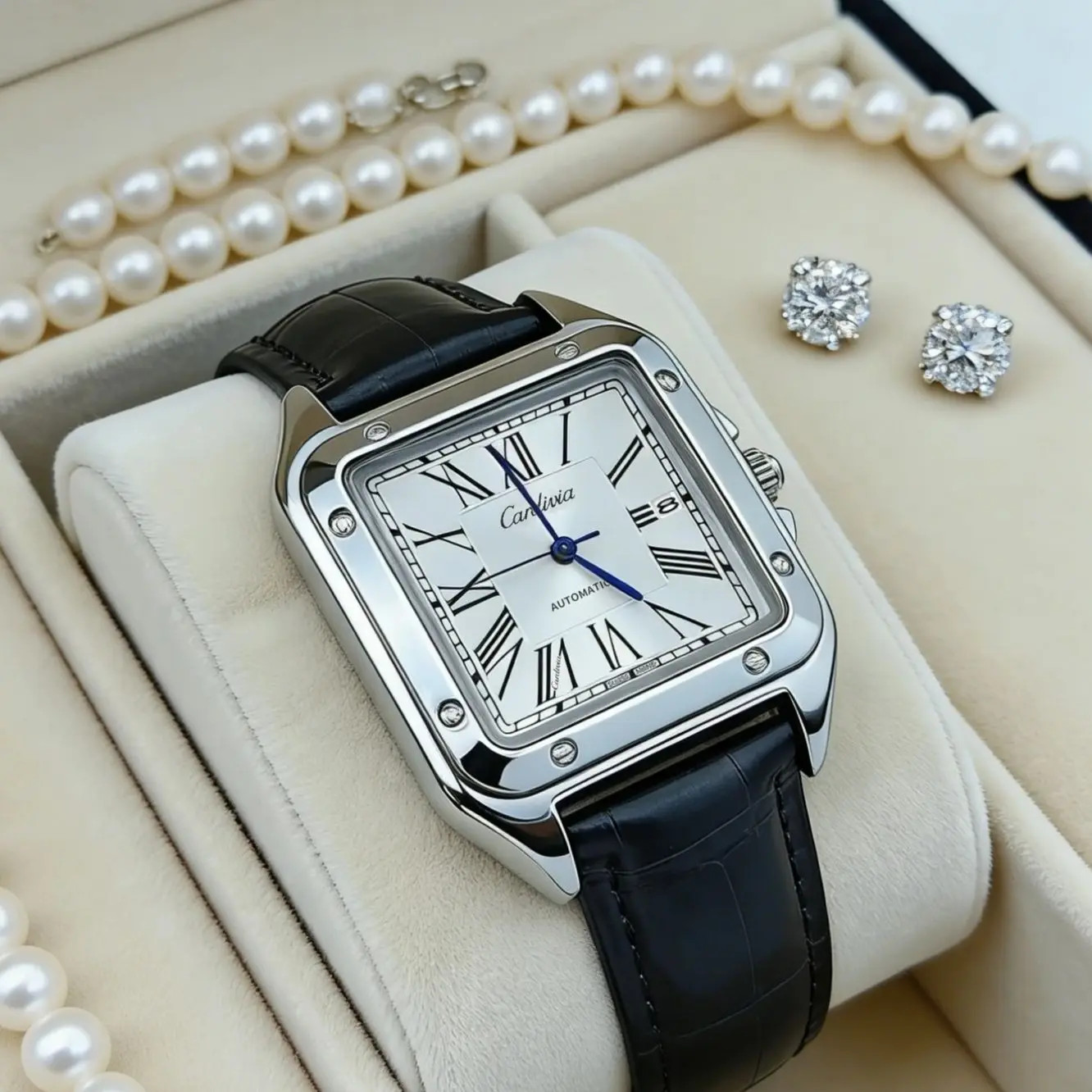 Men’s Square Quartz Watch Roman Numeral Leather Strap Date Waterproof Dress
