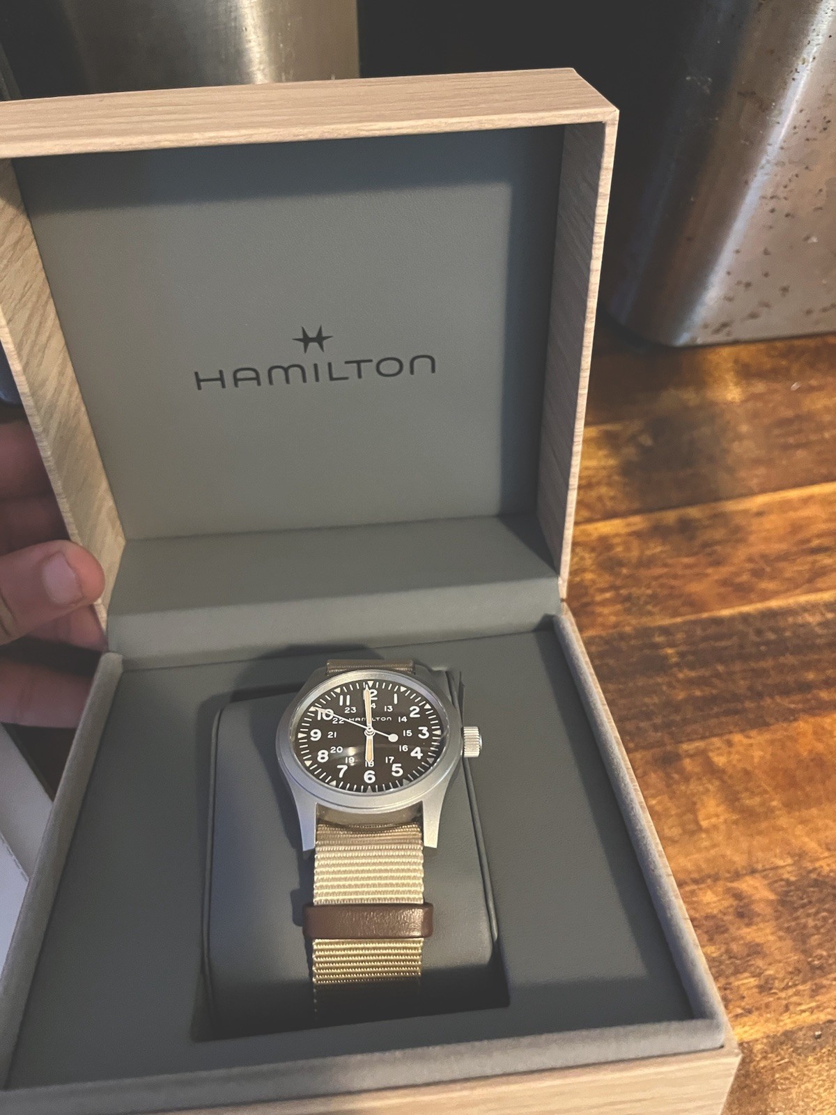 Hamilton Khaki Field Mechanical 38mm Black Dial Manual Wind Textile Strap Box