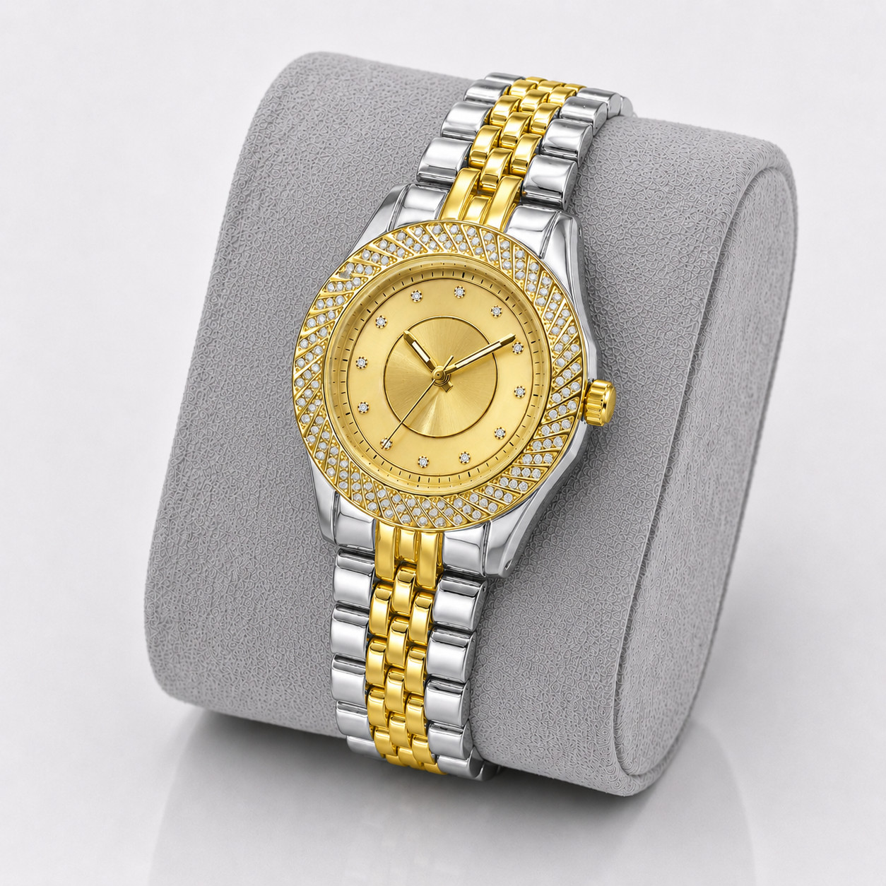 Mens Iced Out Watch Gold Silver Tone Crystal Bezel Quartz 43mm Steel