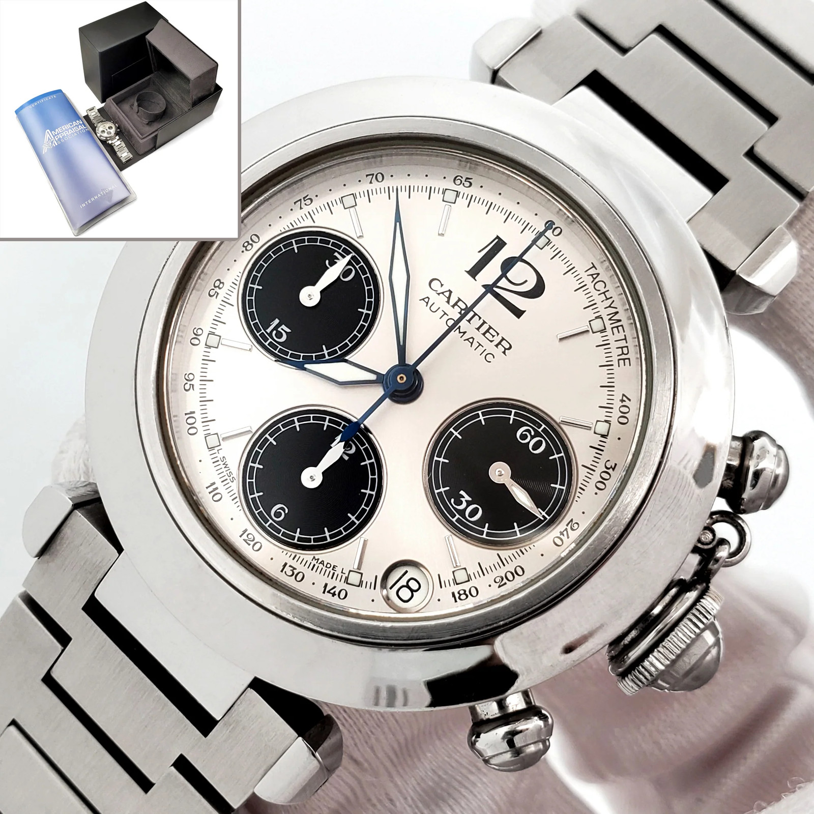 Cartier Pasha C 36mm Silver Panda Dial Chronograph Steel 2412 W31048M7 Watch