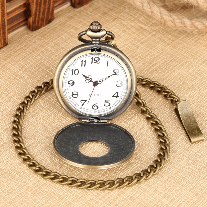 Half Hunter Quartz Pocket Watch Bronze/Silver/Black/Gold Roman Numerals Display