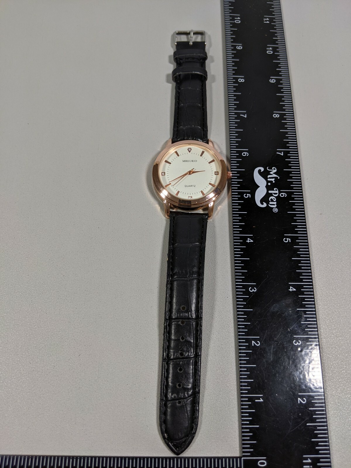 Mreurio White Dial Rose Gold Tone Round Case 40 mm Black Faux Leather Band Watch
