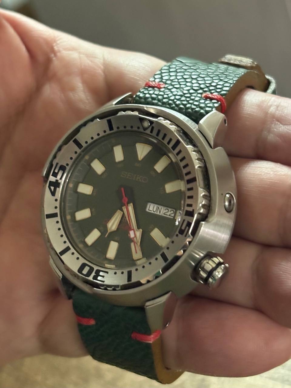 ⁠Seiko Custom DIVER 4R36 AUTOMATIC “Baby Tuna” Green Dial Toad Leather Watch