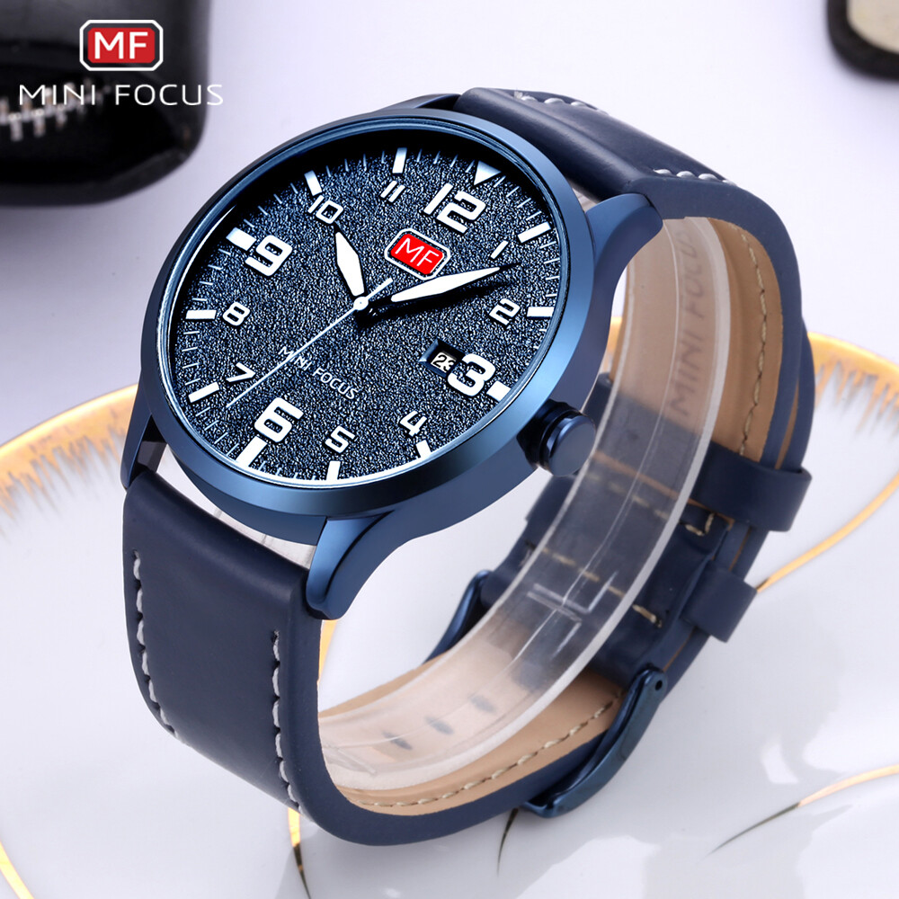 MINI FOCUS Men Ultra Thin Quartz Sports Watch Leather Strap Wristwatch with Date