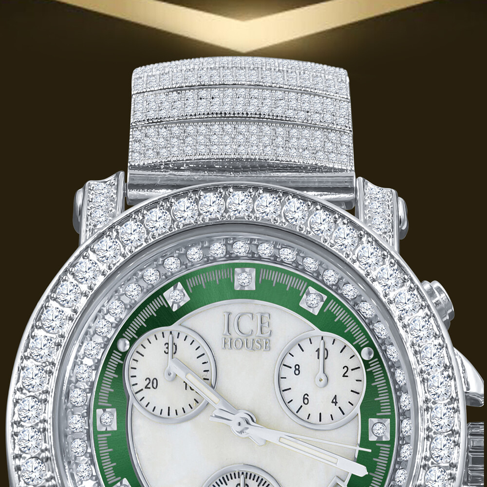14K White Gold Tone 8 Real Diamonds Green & White Dial Luxury Band Watch W/Date