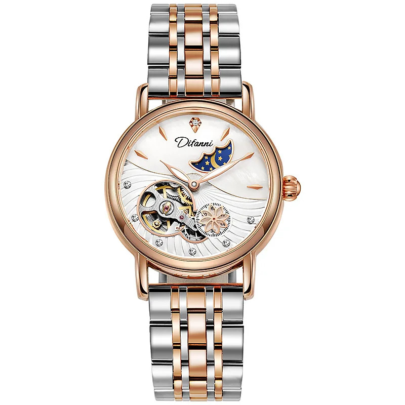 Women’s Automatic Flower Rotating Moonphase Watch Luxury Waterproof Luminous