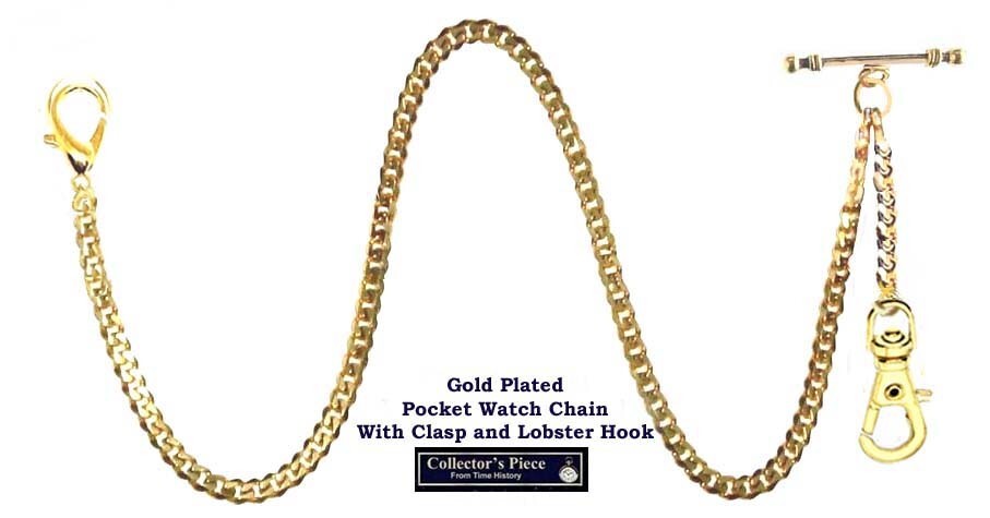 Gold Plated 12″ Inches Long Pocket Watch Chain With Clasp & Long T. Bar