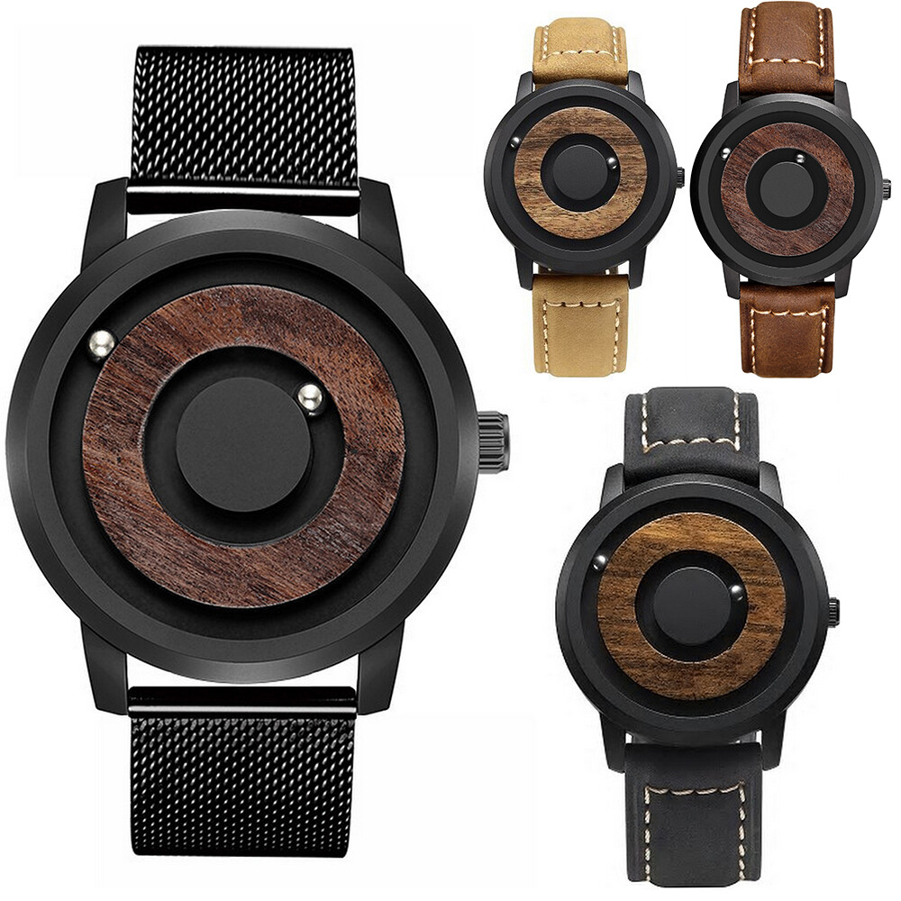 New Mens Innovative Wooden Magnetic Quartz Sports Watch Steel Leather Strap Gift
