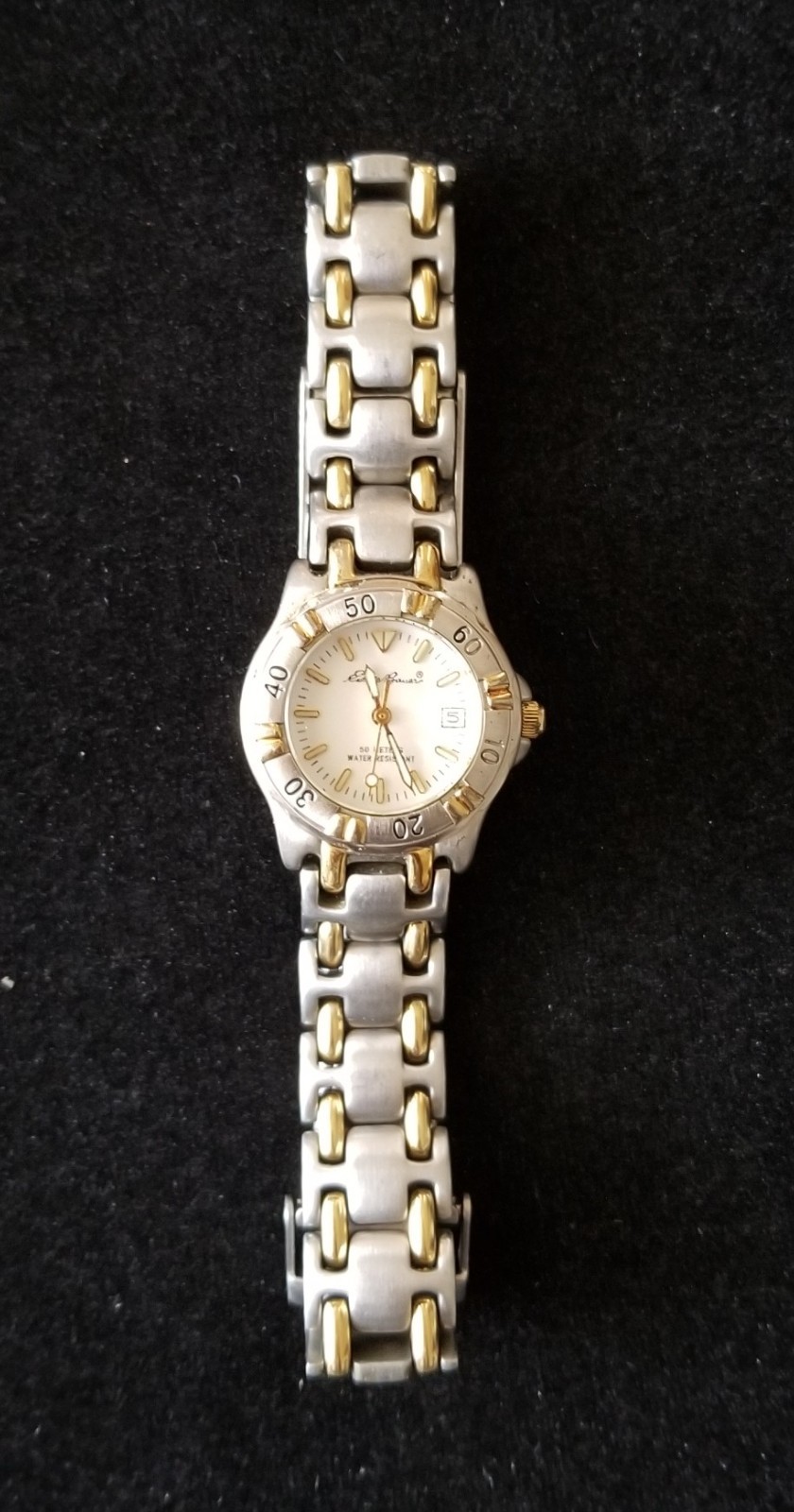 Eddie Bauer Two Tone Date Watch Rotating Bezel Link Band 6.5″ Max Size New Batt.