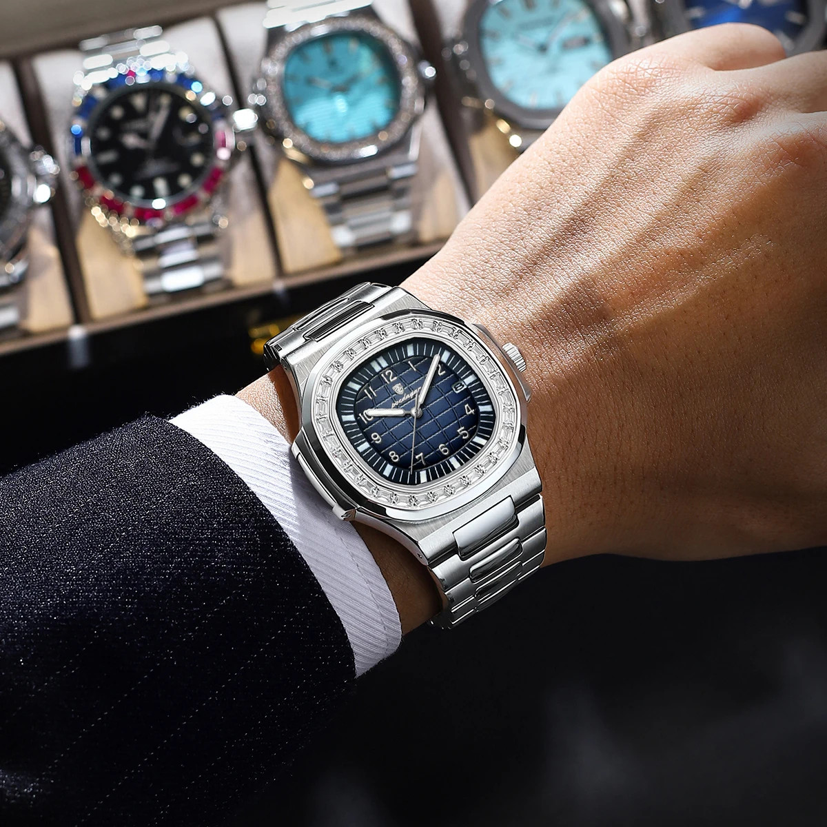 POEDAGAR Men’s Square Quartz Watch Waterproof Luminous Date Stainless Steel