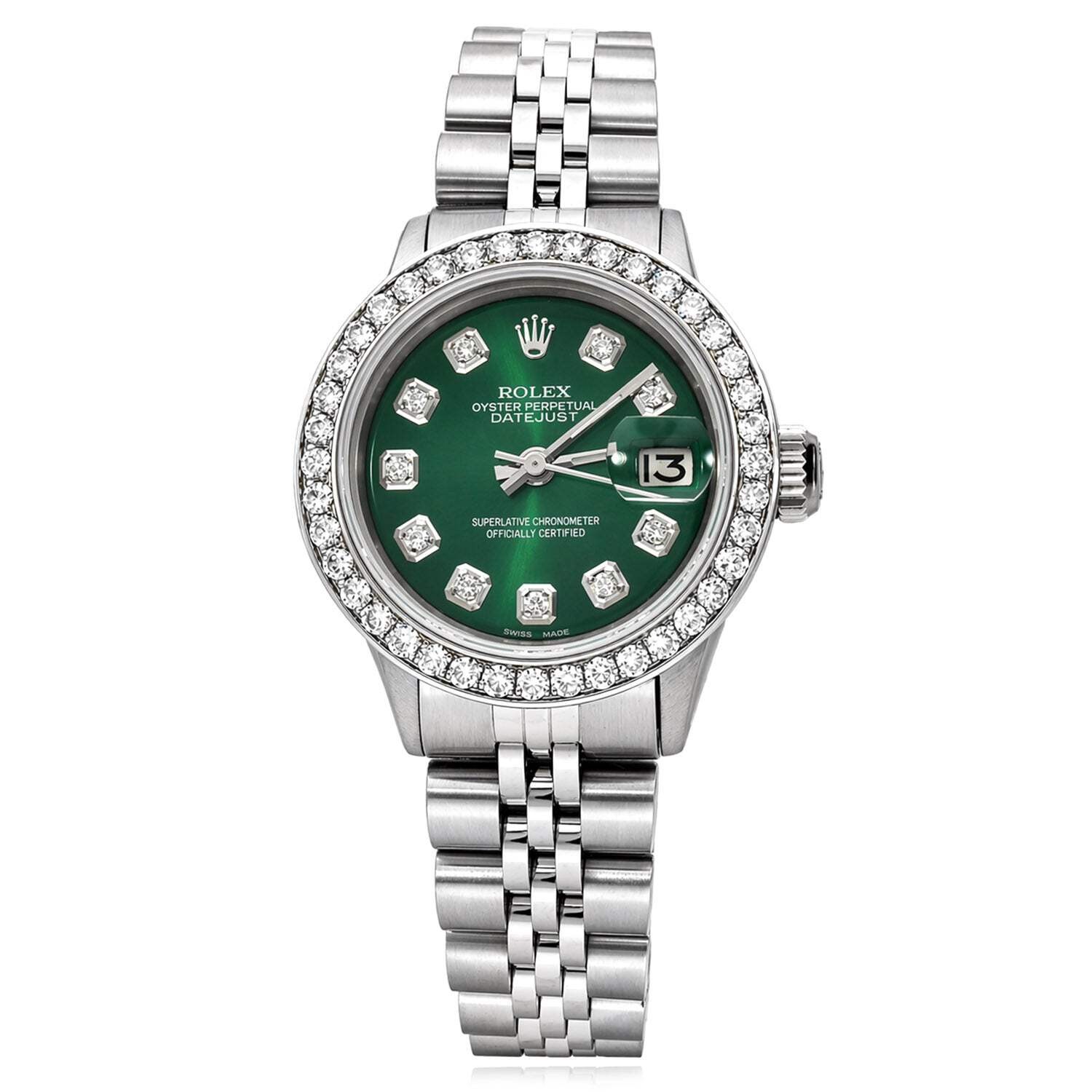 26mm Rolex Datejust 1601 18k White Gold Diamond Bezel Green Dial Women’s Watch