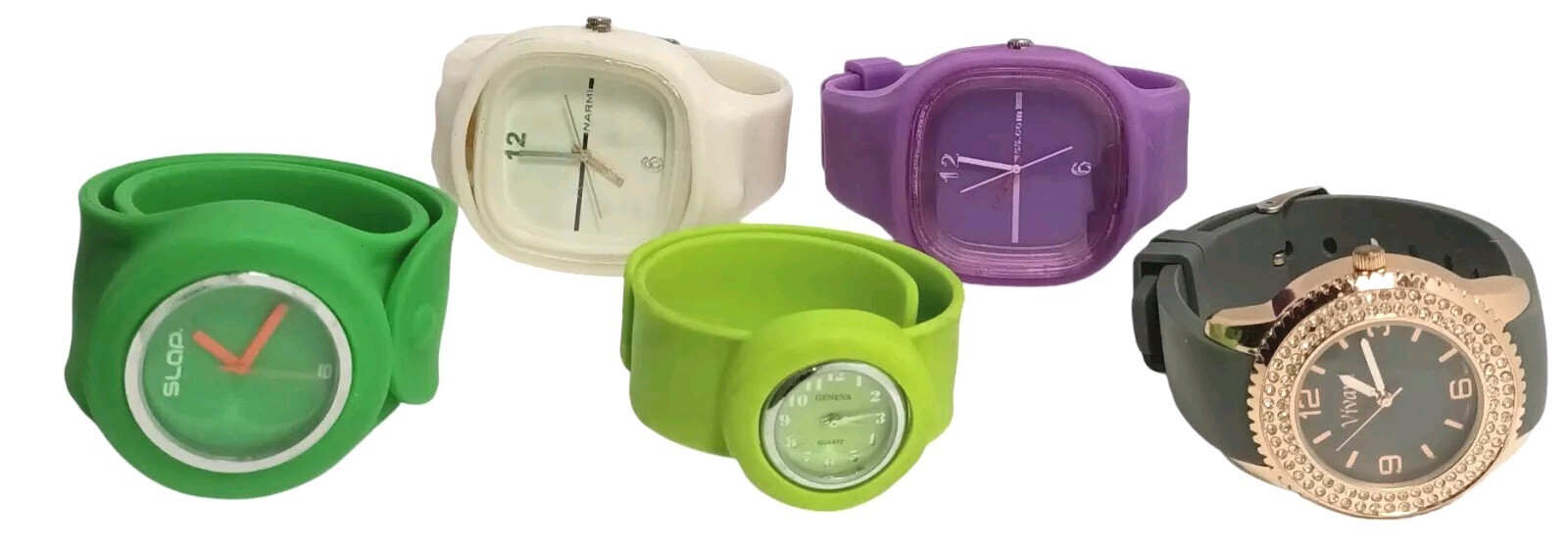 Lot of 5 Quartz Watches w/ Silicone Bands Vivani, Slap, Narmi, Geneva, S.S.Com