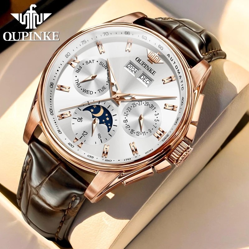 Automatic Mechanical Watch Waterproof Moon Phase Luxury Dial Men’s Men Strap