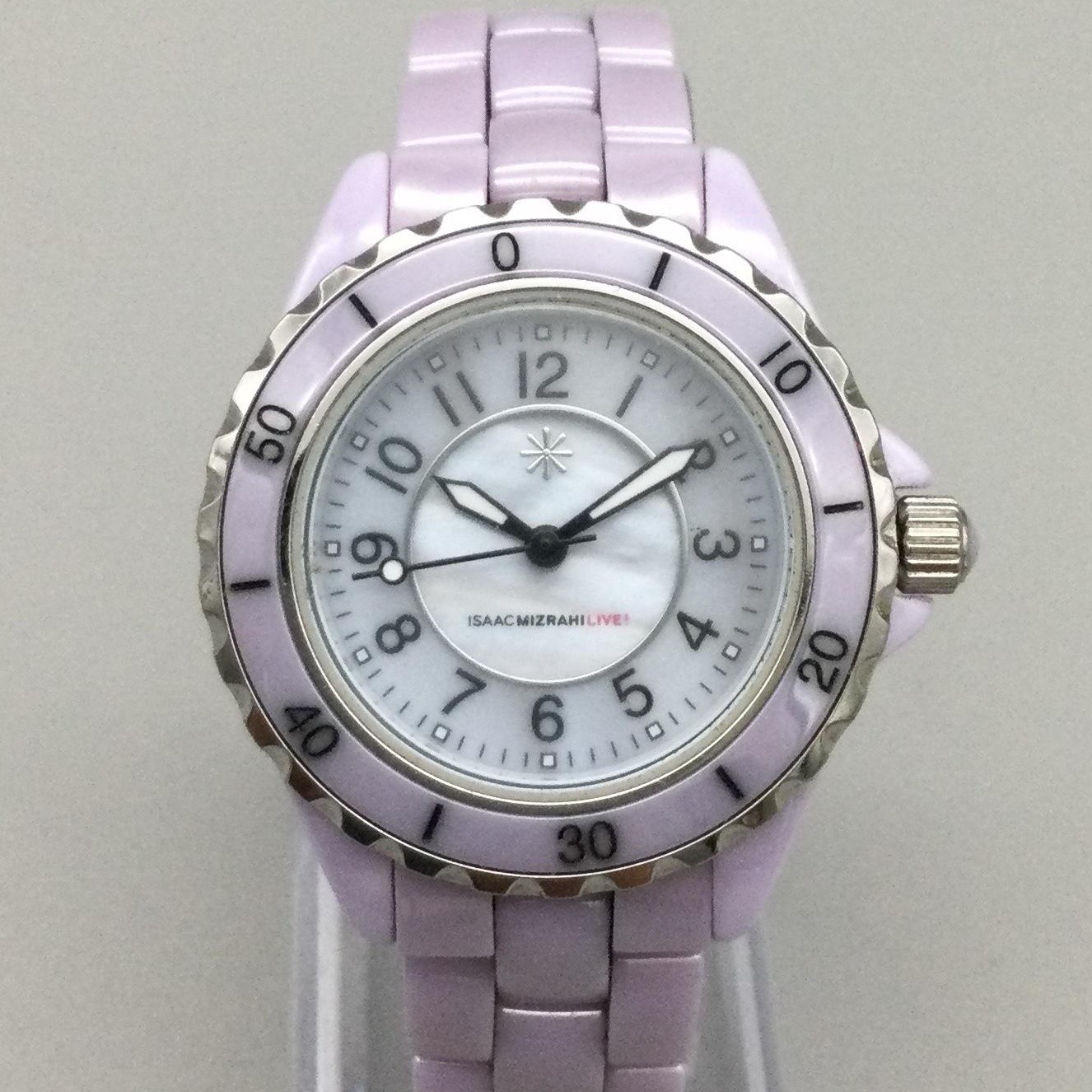 Isaac Mizrahi Live Womens Watch 34mm White MOP Purple Ceramic New Battery 6.5″