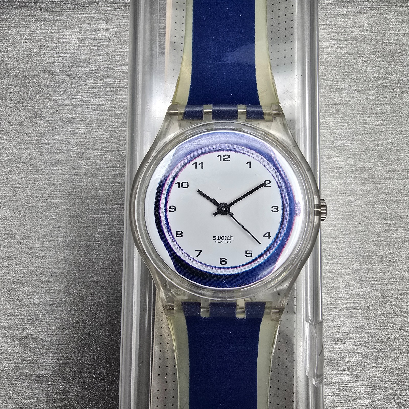 Swatch Gent SMALL IN BIG Watch Men 34mm White Dial Clear Case GK254 New Battery