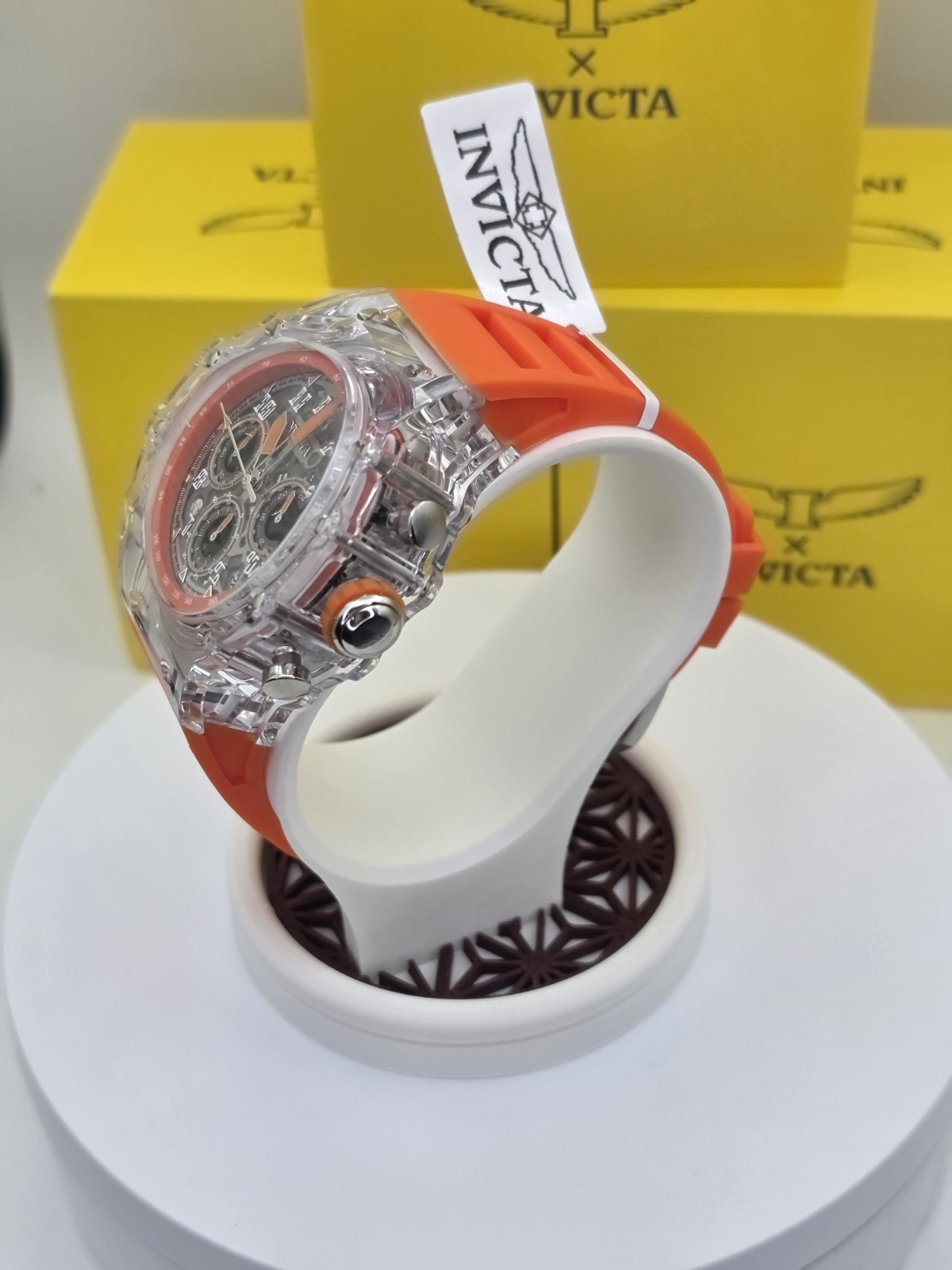 Invicta Racing Vaulthan Men’s Watch 69679 44mm Clear/Orange Band New!!