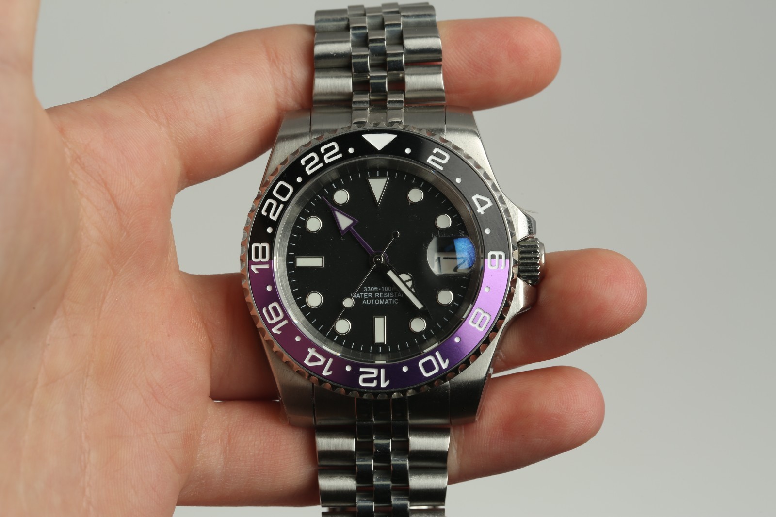 NH35 Automatic GMT Style Mod Watch Black Dial Purple Black Bezel JubileeBracelet