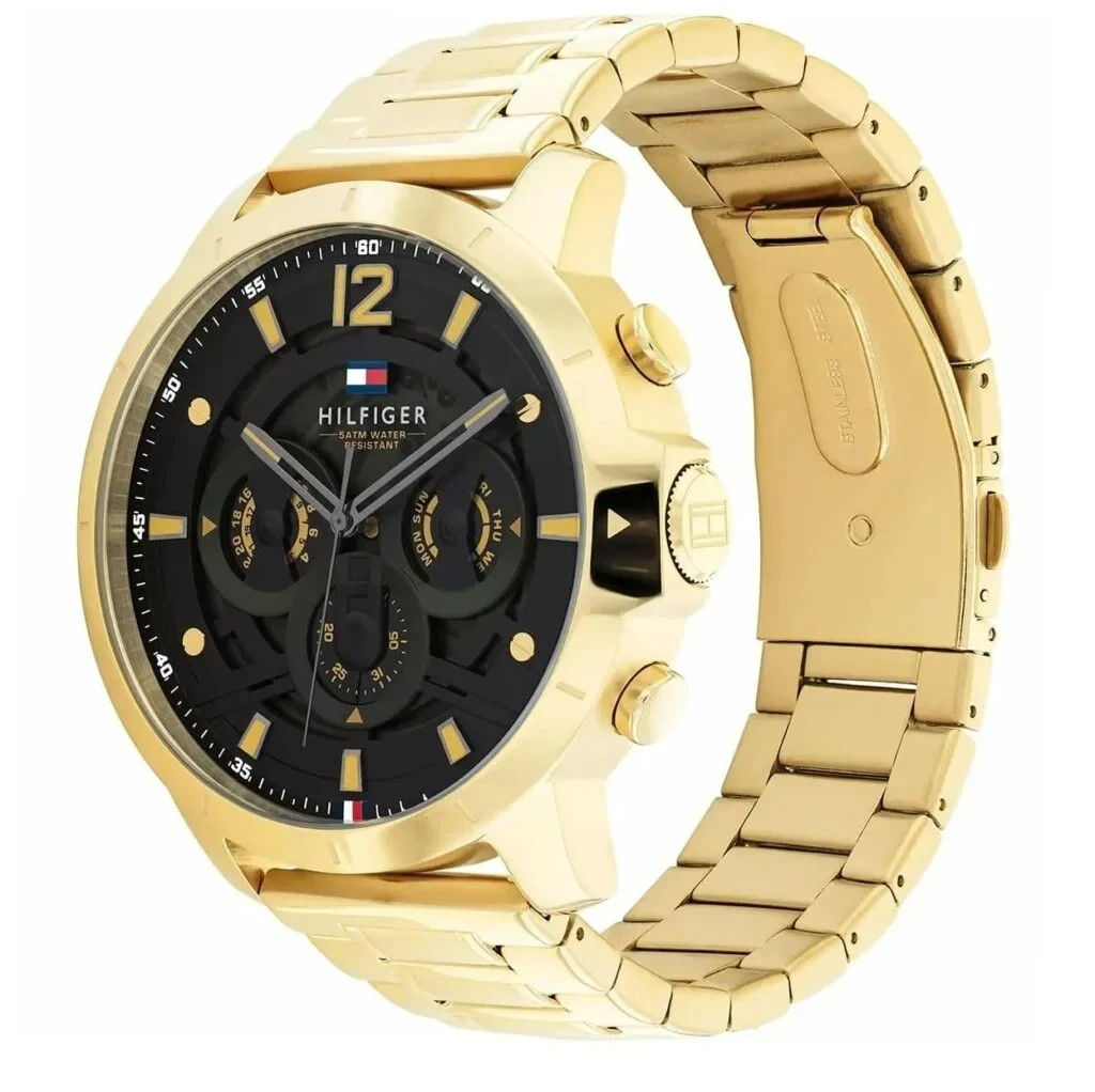 NEW TOMMY HILFIGER LUCA GOLD TONE BLACK DIAL DAY DATE MULTIFUNCTION MEN’S WATCH
