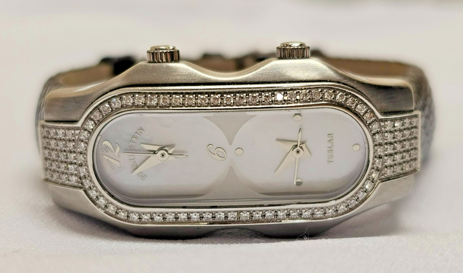 PHILIP STEIN TESLAR DUAL TIME MOP DIAL DIAMOND BEZEL QUARTZ WATCH