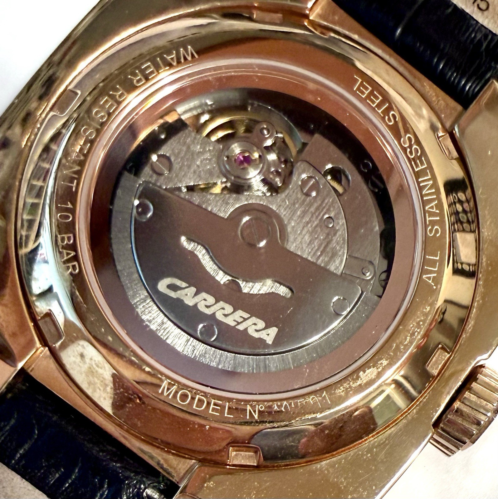 43mm Auto | Rosetone Octagonal Bezel | Black Dial & Leather Strap CARERA Watch
