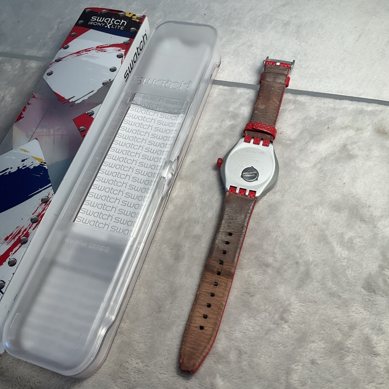 New Swatch Irony GO JUMP X-lite Aluminum Red Leather Men’s Watch YES4001 Works!